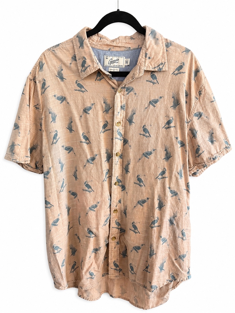 Grayers Men Bird Novelty Print Short Sleeve Button Up Shirt tan 100% Cotton XXL